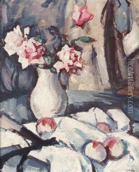 A Still Life Of Apples And Pink Roses (+ Still Life Sketch, Verso) Oil Painting - Samuel John Peploe