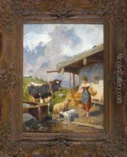 Junge Bauerin Mit Kuh, Schaf Und Zwei Lammern An Der Tranke Vor Einer Almhutte Oil Painting - Ernst Adolf Meissner