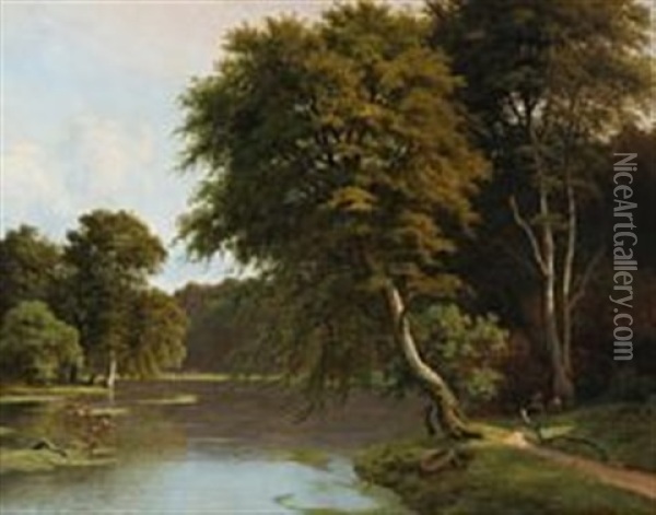 Summerday Near A Forest Lake Oil Painting - Georg Emil Libert
