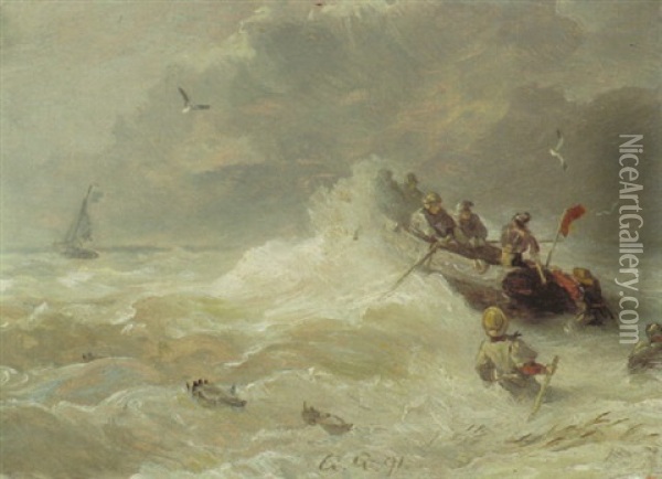 Sturm An Der Kuste Mit Auslaufendem Rettungsboot Oil Painting - Andreas Achenbach