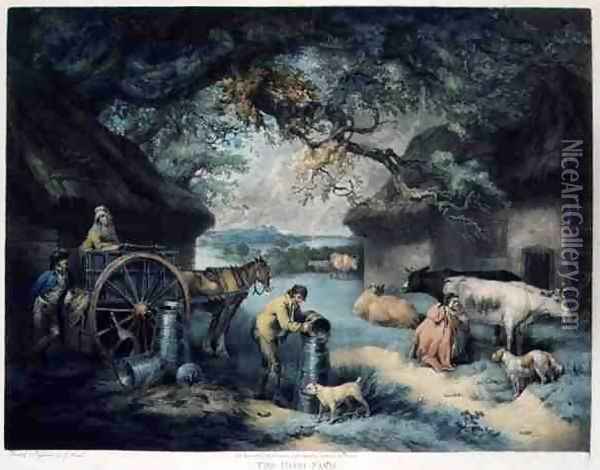 The Dairy Farm, engraved by the artist, pub. by R. Ackermann, 1801 Oil Painting - James Ward