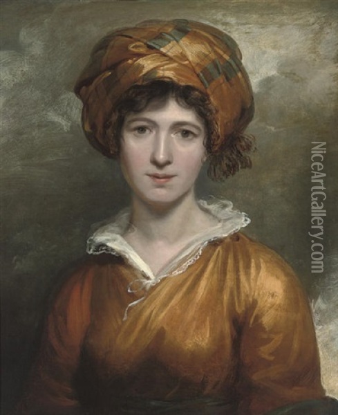 Portrait Of A Lady In A Yellow Dress And Blue And Yellow Turban Oil Painting - Margaret Sarah Carpenter