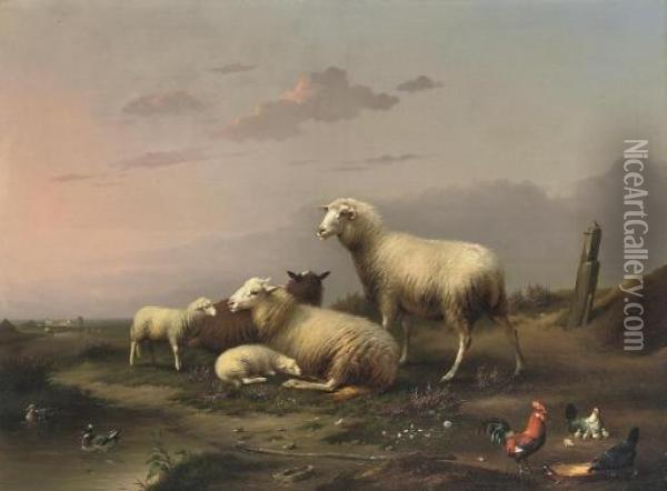Sheep And Poultry Resting In The Pasture Oil Painting - Franz van Severdonck