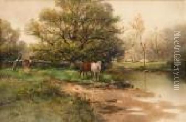 Farm Houses By A River Oil Painting - Frank F. English
