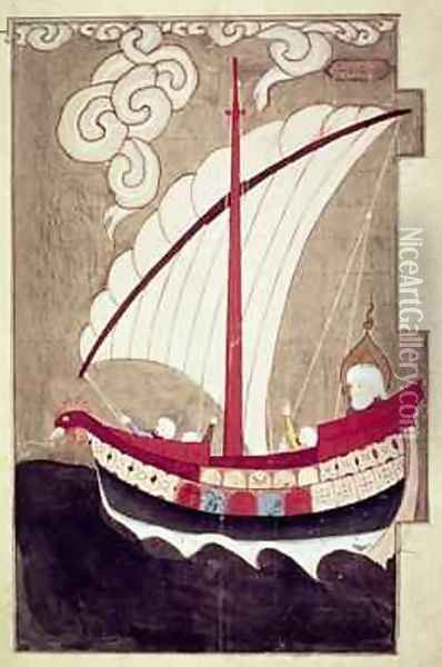 Noah Sailing in his Ark from Zubdat al Tavarikh completed after 1583 Oil Painting - Ashur Luqman-i