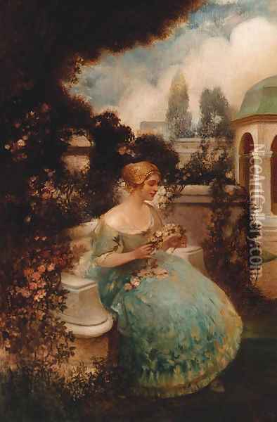 A young lady in a garden making a garland Oil Painting - Eduard Veith