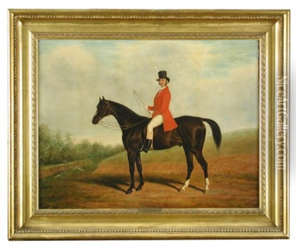 Portrait Of A Huntsman On A Dark Bay Hunter, Hounds Beyond Oil Painting - James Loder Of Bath