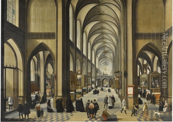 Interior Of Antwerp Cathedral, With Figures Worshipping And Promenading Oil Painting - Abel Grimmer