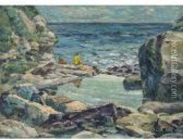 Children By A Rocky Cove Oil Painting - James Kay