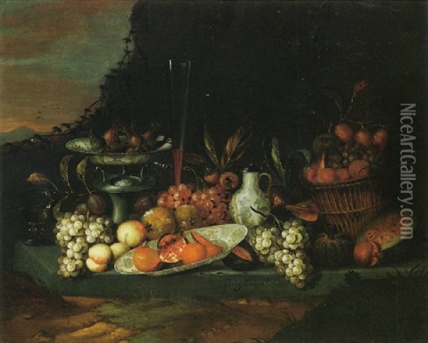Still Life Of Grapes, Peaches, Plums, Pomegranates, And Melons In A Blue-and-white Porcelain Bowl And A Glass Roemer On A Ledge Oil Painting - Jan Pauwel Gillemans the Younger