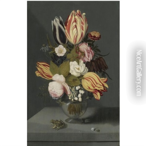 Still Life With Variegated Tulips, Pink And White Roses, A Marigold Fritillary, Columbine And Lily Of The Valley In A Globose Vase With A Toad, All On A Ledge Oil Painting - Ambrosius Bosschaert the Younger