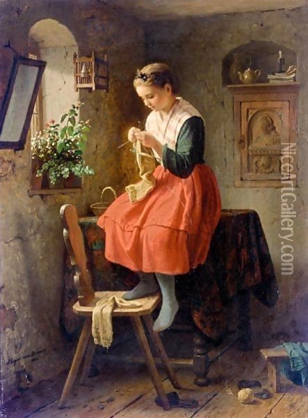 Girl Knitting By A Window Oil Painting - Meyer Georg von Bremen