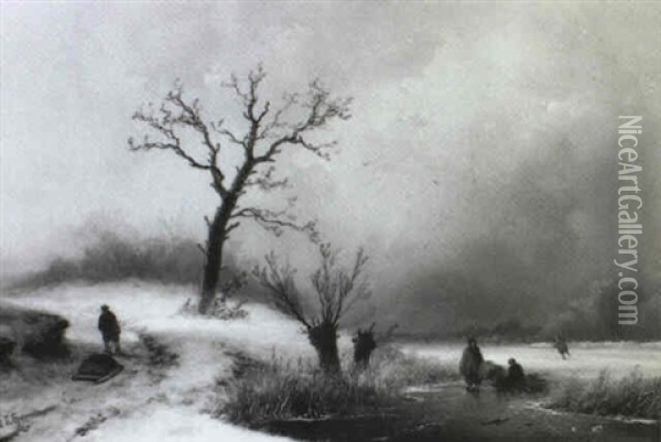 Winterlandschaft Mit Eislaufern Oil Painting - Johannes Franciscus Hoppenbrouwers
