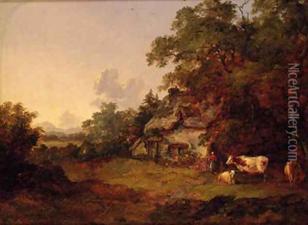 Figures before a Cottage in a wooded landscape Oil Painting - John Dearman