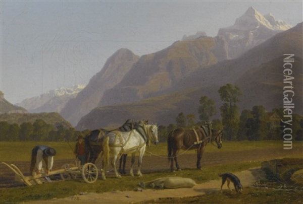 Landscape With Ploughmen And Horses In The Canton Of Valais Oil Painting - Johann Jakob Biedermann