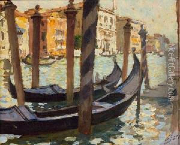 Gondoles Amarrees A Venise Oil Painting - Henri Montassier