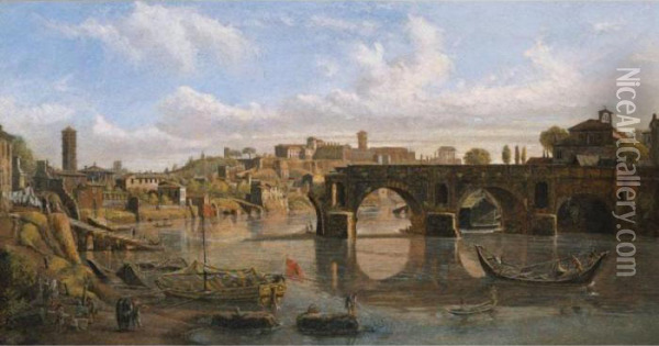 Rome, A View Of The River Tiber With The Ponte Rotto And The Aventine Hill Oil Painting - (circle of) Wittel, Gaspar van (Vanvitelli)