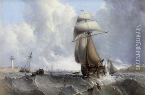 Shipping Off A Headland In Heavy Scenes Oil Painting - George William Crawford Chambers