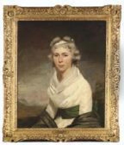 Portrait Of Mrs George Wood, 
Three-quarter-length, In A White Dress With A Green Sash And Black 
Shawl, In A Landscape Oil Painting - Sir Henry Raeburn