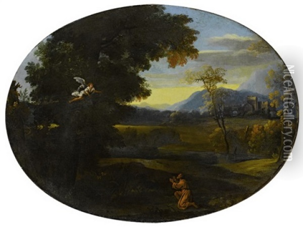 Landschaft Mit Burgruine, Im Vordergrund Heiliger Mit Einem Verkundenden Engel Oil Painting - Gaspard Dughet