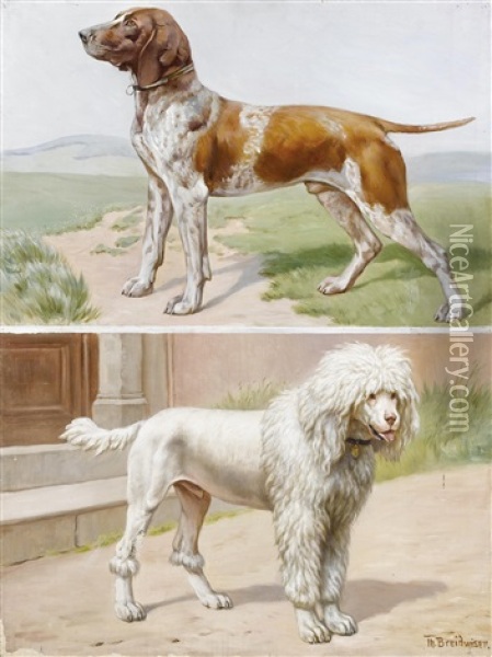 A German Pointer In A Landscape And A Standard Poodle By A Doorway Oil Painting - Theodor Breitwieser