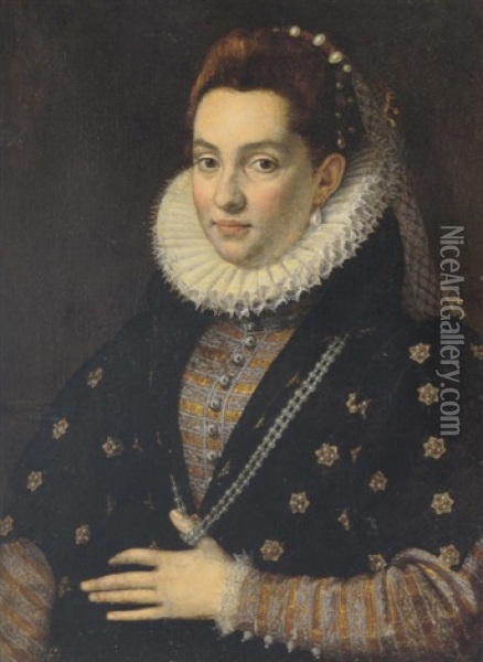 Portrait Of A Lady (lucrezia Colonna?) Wearing A Black Dress With Gold Sleeves And High Lace Ruff Oil Painting - Scipione Pulzone