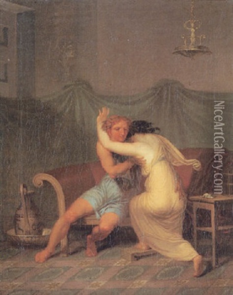 Digteren Catul Med Lesbia, Der Soger Trost For Sin Fugls Dod Oil Painting - Nicolaj-Abraham Abilgaard
