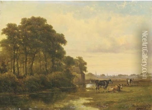Cattle By A River, A Town Beyond Oil Painting - Alexander Hieronymus Bakhuyzen
