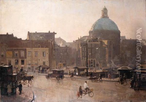 View Of The Singel, Amsterdam, With The Koepelkerk Beyond Oil Painting - Cornelis Vreedenburgh
