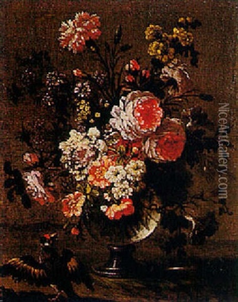 Bouquets De Fleurs Dans Des Vases En Verre Avec Deux Petits Oiseaux Oil Painting - Pierre Nicolas Huilliot