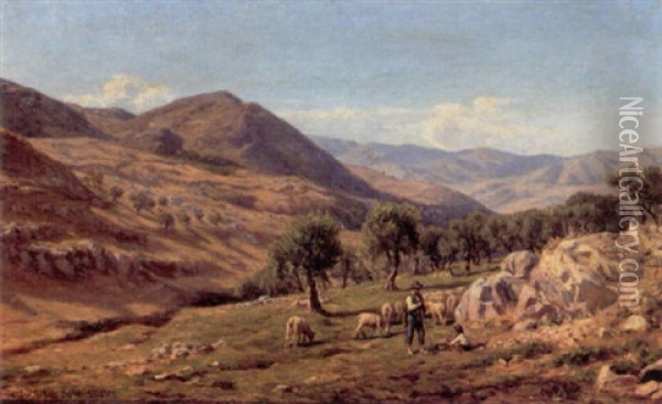 Italiensk Bjerglandskab Ved Anticoli Oil Painting - Niels Frederik Schiottz-Jensen