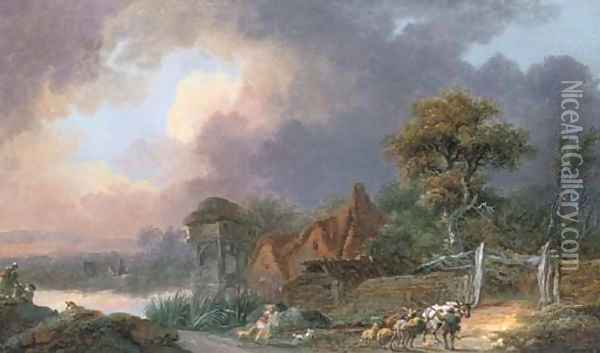 Peasants travelling on a path by a hamlet Oil Painting - Nicolas-Jacques Juliard