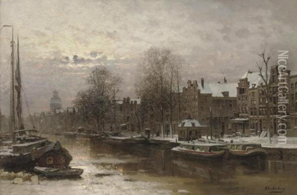 Sunset Over The Singel Canal In Winter, Amsterdam Oil Painting - Johannes Christiaan Karel Klinkenberg
