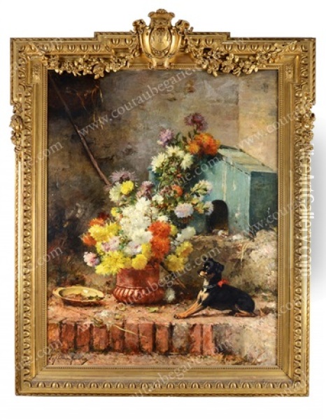 Bouquet De Fleur Et Petit Chien Oil Painting - Euphemie Muraton