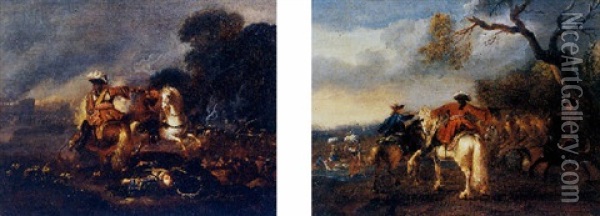 A Battle Scene With Two Horsemen In The Foreground Oil Painting - Alexander Van Gaelen