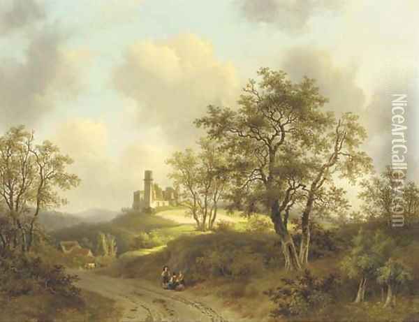 Figures resting on a country road in a wooded landscape Oil Painting - Willem De Klerk