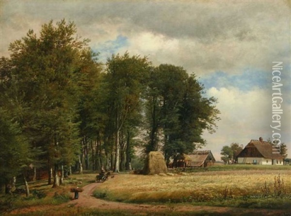 At The Edge Of The Forrest With House, Horse Carriage And Persons Oil Painting - Anton Edvard Kjeldrup