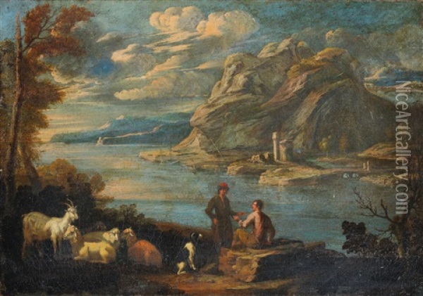 A River Landscape With Drovers Resting With Their Herd Oil Painting - Salvator Rosa