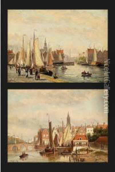 Two Views Of Ships In The Harbour Of A Dutch Town (a Pair) Oil Painting - Johannes Frederik Hulk, Snr.