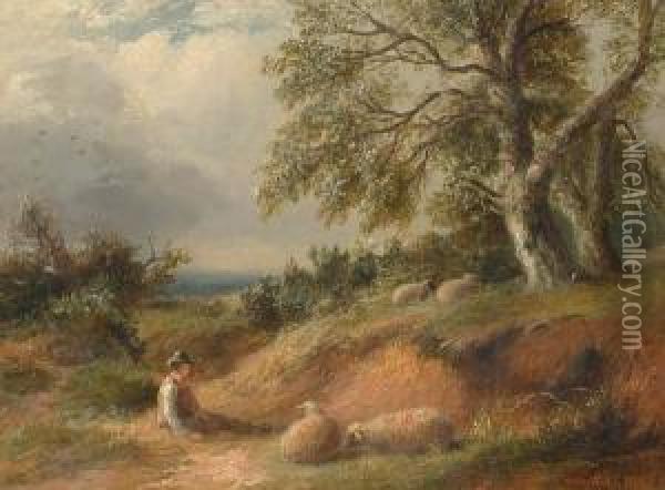 Sheep And A Boy Resting In A Country Landscape. Oil Painting - Thomas Strong,lt.Col Seccombe