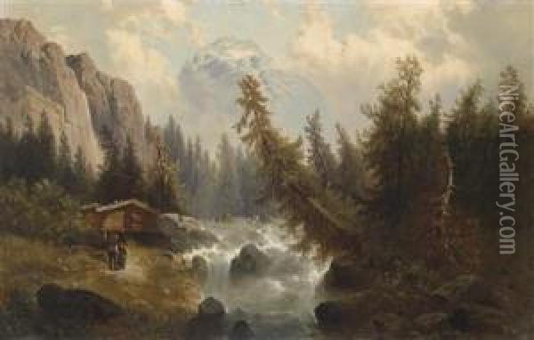 Mountain Landscape With Decorative Figures Oil Painting - Josef Thoma