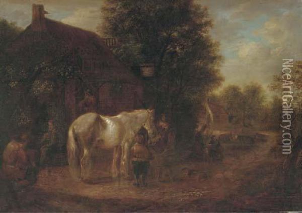Peasants Feeding A Horse Outside An Inn Oil Painting - Isaack Jansz. van Ostade