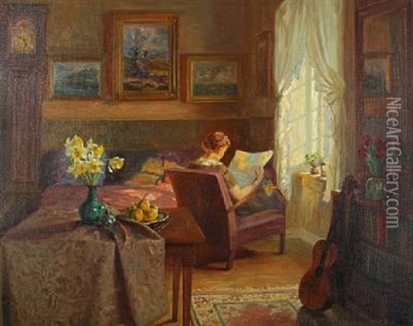 Interior With Reading Woman By The Window Oil Painting - Robert Panitzsch