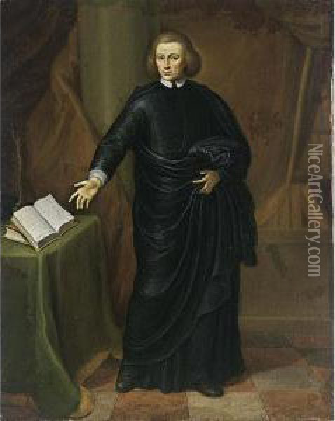 A Portrait Of A Cleric, Standing Full Length, Wearing A Black Robe With White Cuffs And Collar, Pointing Towards A Book On A Table With Green Table Cloth, In His Library Oil Painting - Gerard Wigmana