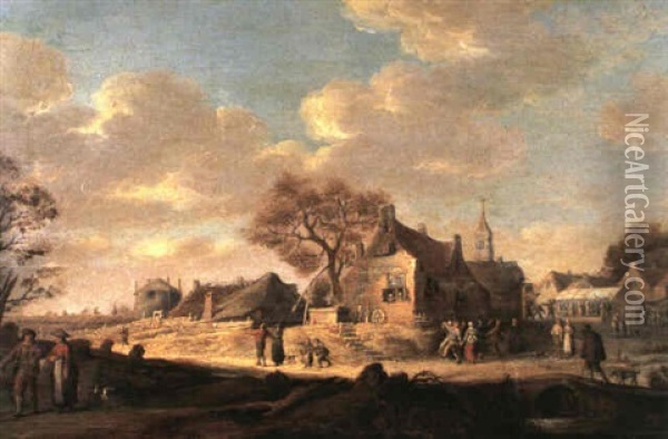 Peasants Walking Along A Village Street Whilst Other        Villagers Gather And Dance Beyond Oil Painting - Pieter de Bloot