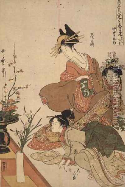 Scene 4, Comparison of celebrated beauties and the loyal league, c.1797 Oil Painting - Kitagawa Utamaro
