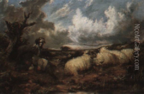 A Resting Shepherd Boy With Sheep Oil Painting - John Linnell