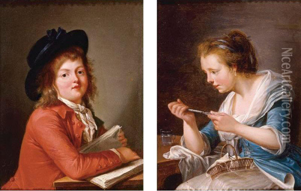 Portrait Of A Young Girl, Said To Be Jeanne; Portrait Of A Young Boy, Said To Be Philippe Oil Painting - Francois Nicolas Mouchet