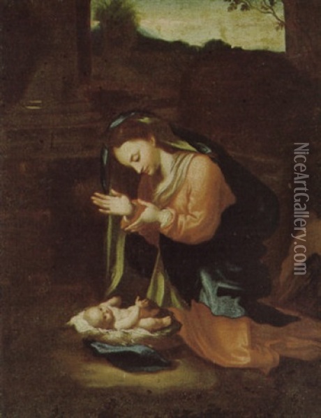Madonna In Adorazione Del Bambino, Versione Dal Dipinto Negli Uffizi, Firenze Oil Painting -  Correggio