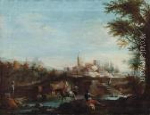 Paesaggio Fluviale Con Viandanti, Mendicante E Villaggio Sullo Sfondo Oil Painting - Giuseppe Bernardino Bison